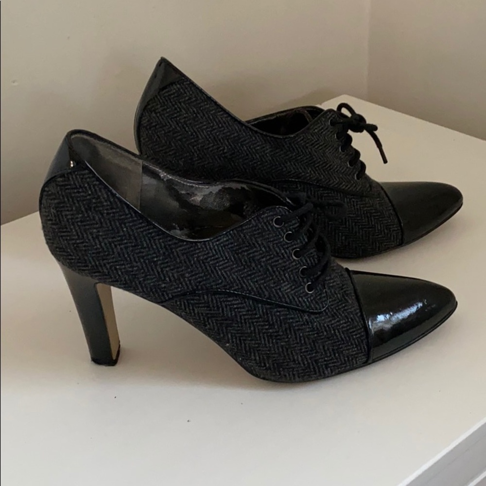 Black and grey tweed and patent leather booties